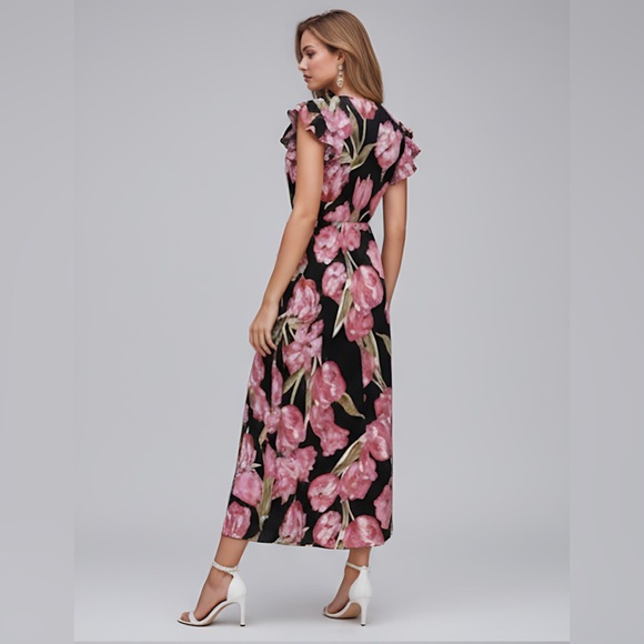 Pink/Black Floral Print Butterfly Sleeve Ruffle Trim Split Thigh Dress - Picture 4 of 9